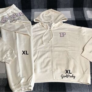 VS PINK SWEATPANTS OUTFIT IN WHITE SHELL W/FULL ZIP & PATCHES LOGO IN SIZE XL